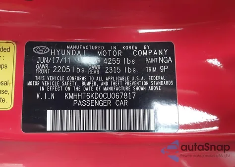 2012 Hyundai Genesis Coupe 2.0T z USA, uszkodzony, nr VIN KMHHT6KD0CU067817